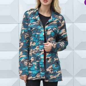 Beyond This Plane- Blue/green, gray & beige camo Jacket- Super cool!  Size M-NWT